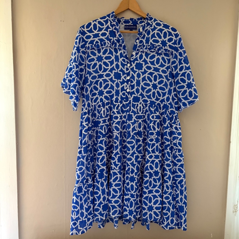 Ro's Garden Vibeka Mini Dress Size L Blue Floral Geometric Garden Feminine Boho
